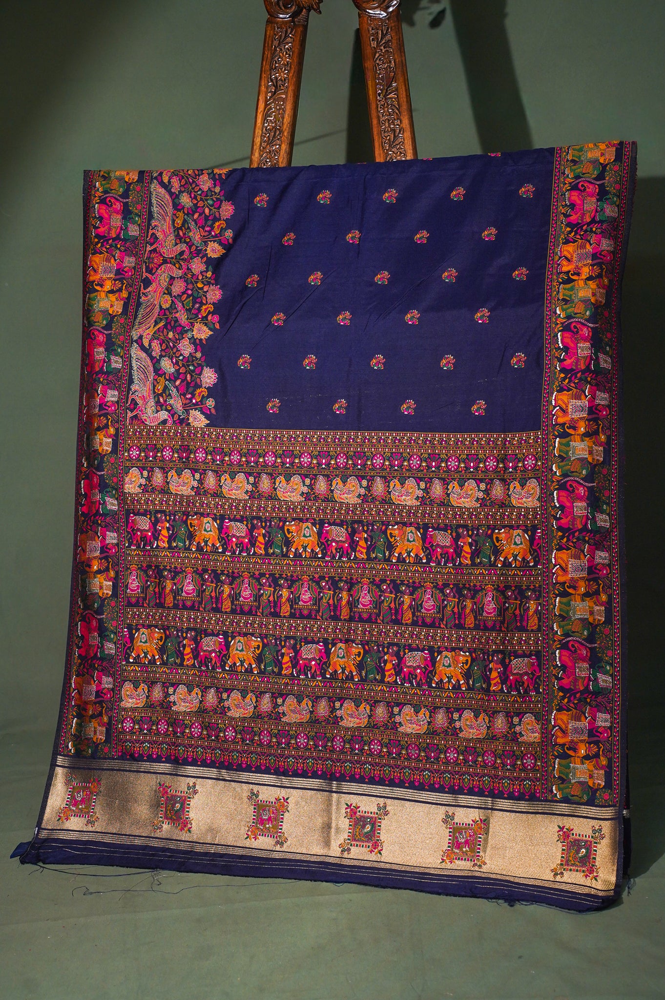 WAAH BANARAS: 131 Ink Blue Pashmina Silk Saree with Artistic Meenakari Work With Beautiful Pallu