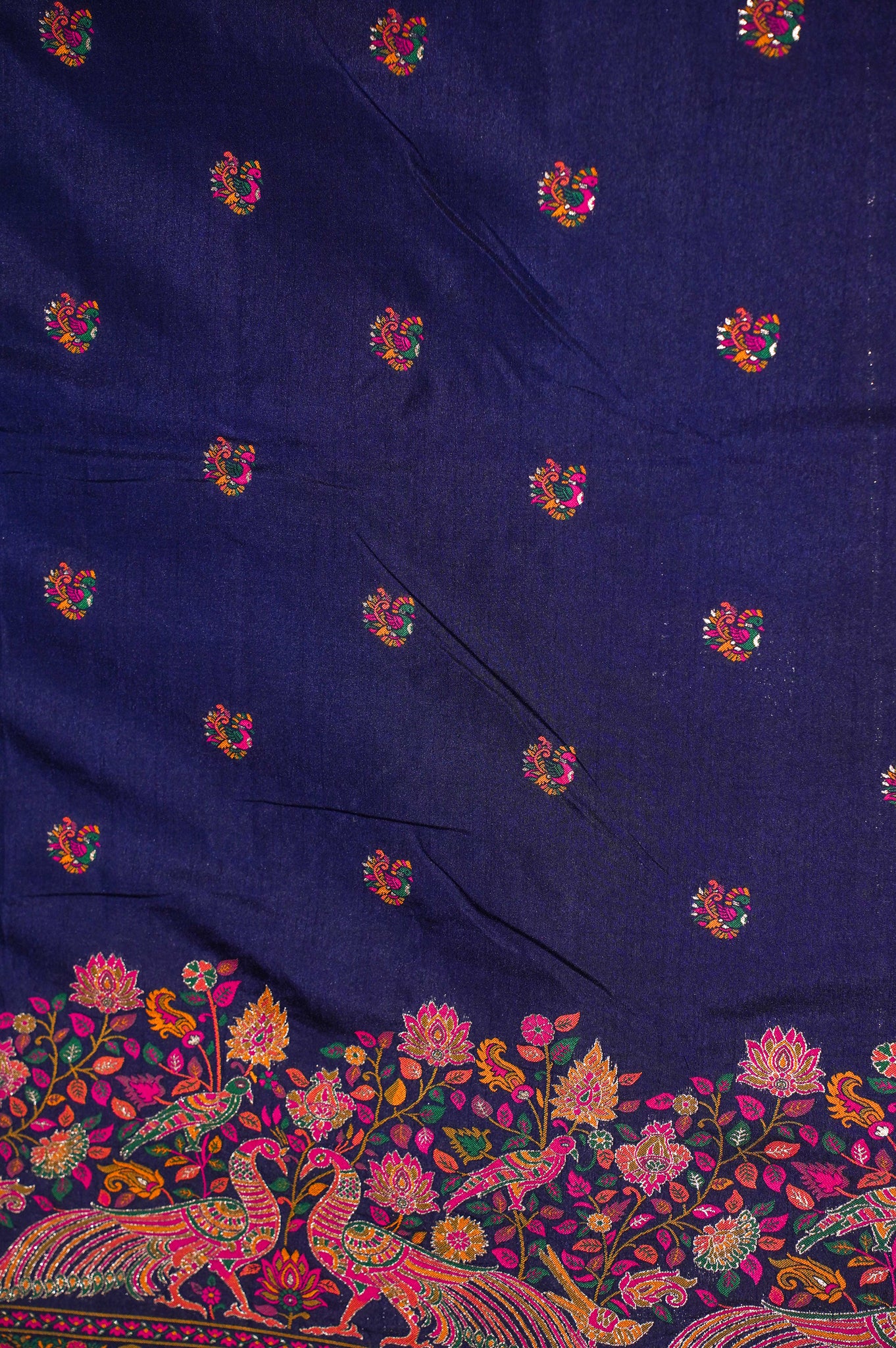 WAAH BANARAS: 131 Ink Blue Pashmina Silk Saree with Artistic Meenakari Work With Beautiful Pallu