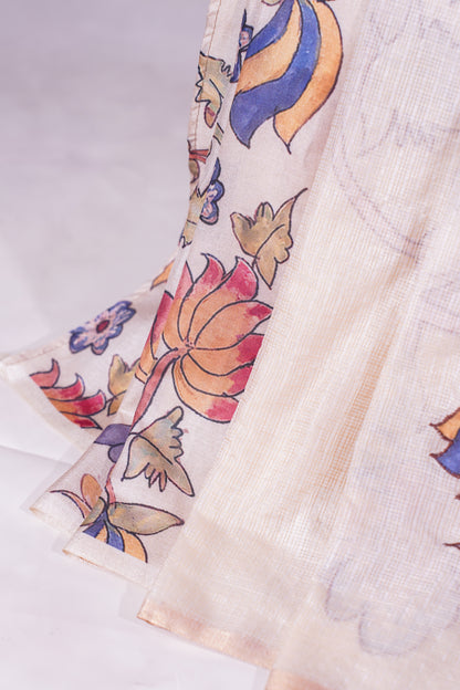 "UTSAV BANARAS 347" Banarasi Cream Munga Silk Saree With Multicolored Floral Applique &amp; Hand-Painted Effect
