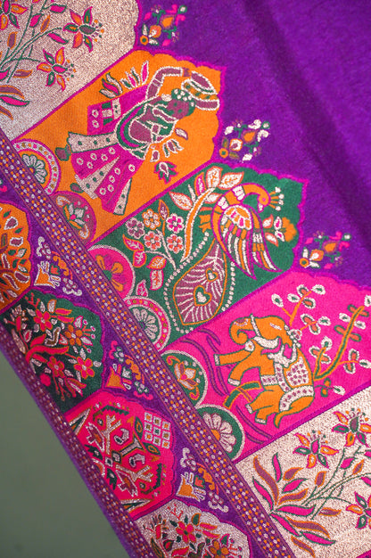 WAAH BANARAS 073: Ultra Violet Pashmina Silk Saree with Artistic Meenakari Work With Beautiful Pallu