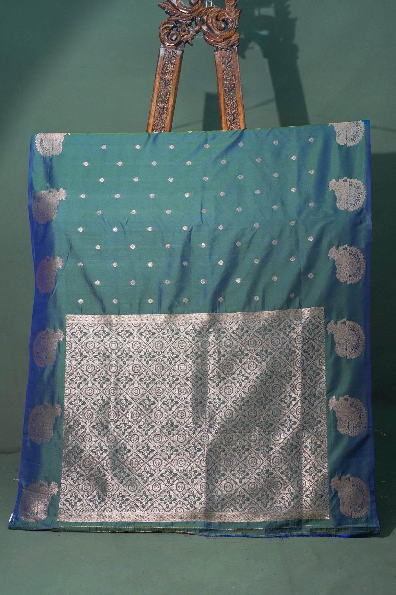 UTSAV BANARAS 325:Dual Peacock Green Banarasi raw silk Saree with Small Zari Buti, Zari Pallu &amp; Animal Border