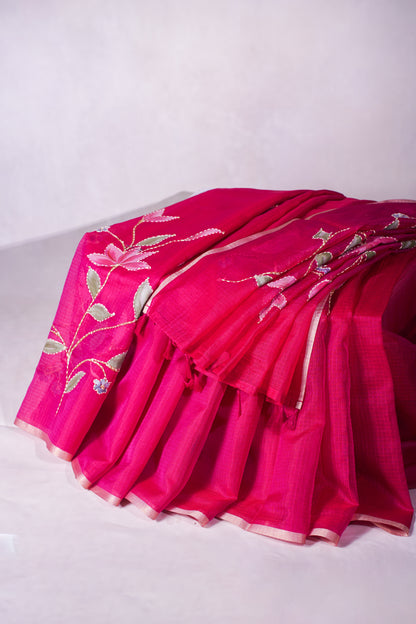 "UTSAV BANARAS 337" Banarasi Vibrant Rani Red Munga Silk Saree with Floral Applique Work