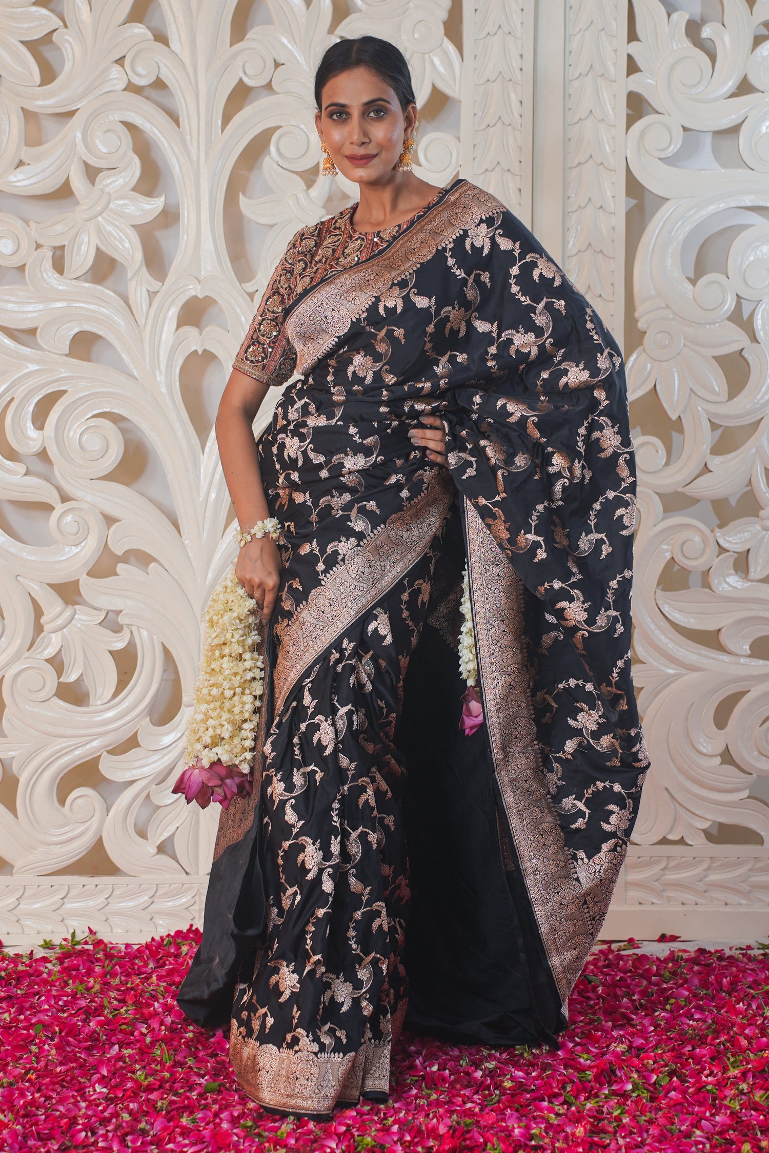 "WAAH BANARAS 013" Black Pure Banarasi Silk Saree With Jaal Work