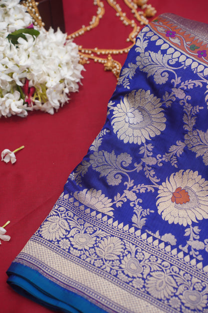 Royal Blue Pure Kadwa Jaal Banarasi Handloom Saree