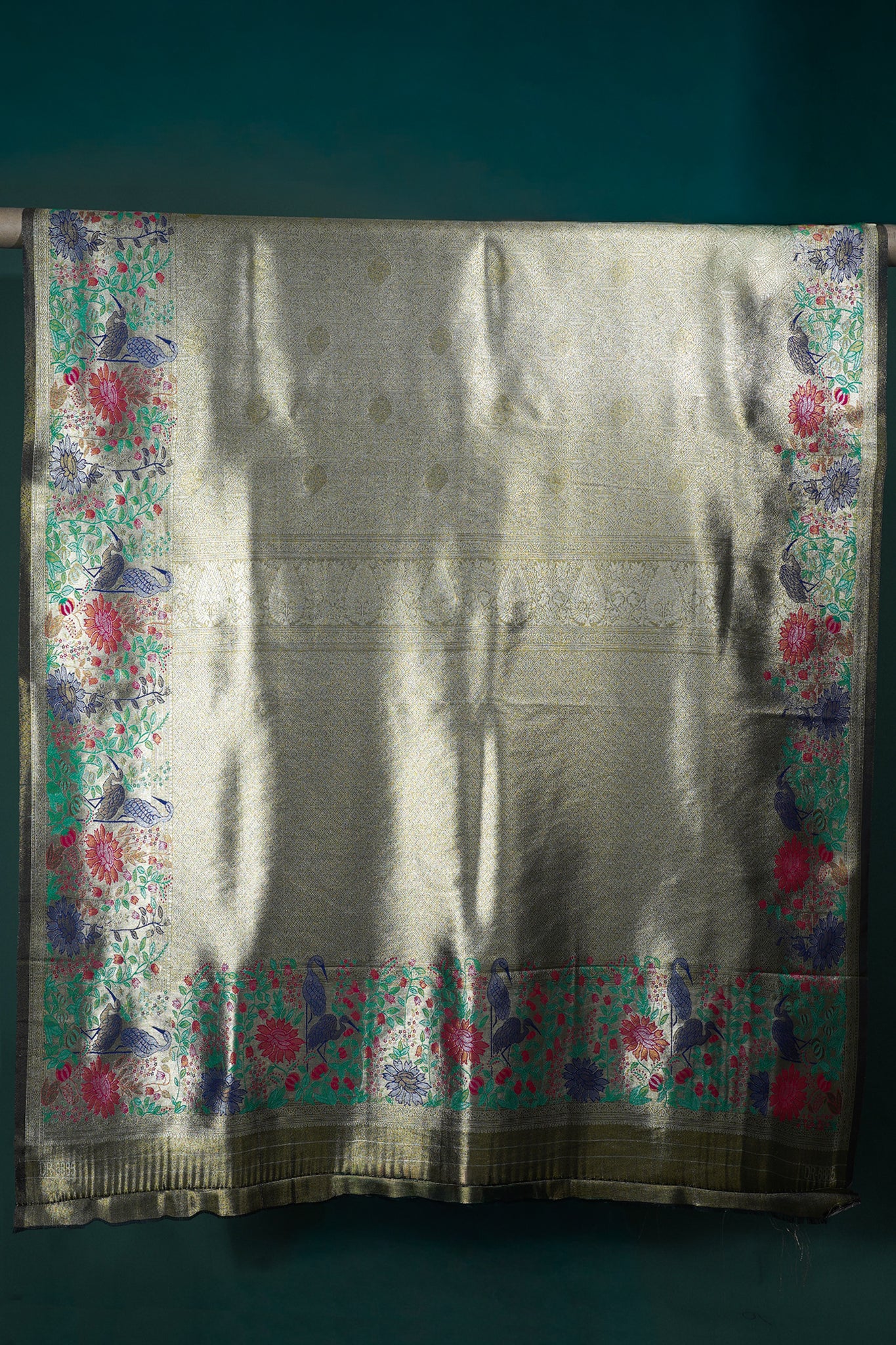 UTSAV BANARAS 350: Olive Green Brocade Tissue Silk Saree with Multicolor Peacock Meenakari Zari Border