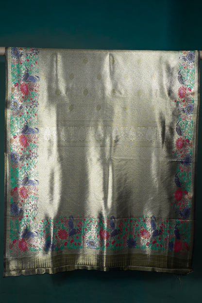 UTSAV BANARAS 350: Olive Green Brocade Tissue Silk Saree with Multicolor Peacock Meenakari Zari Border