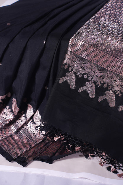 "WAAH BANARAS 117" Banarasi Black Mango Raw Vegan Silk Saree