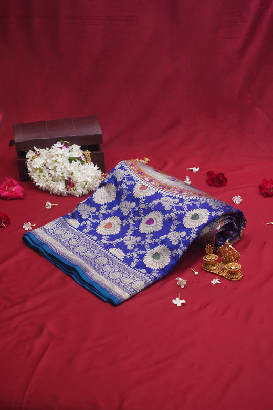 Royal Blue Pure Kadwa Jaal Banarasi Handloom Saree