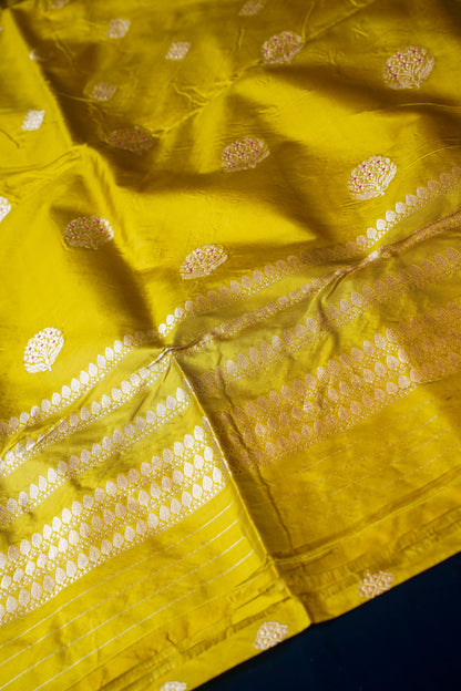 Lemon Yellow Pure Kadwa Banarasi Unstitched Suit Set