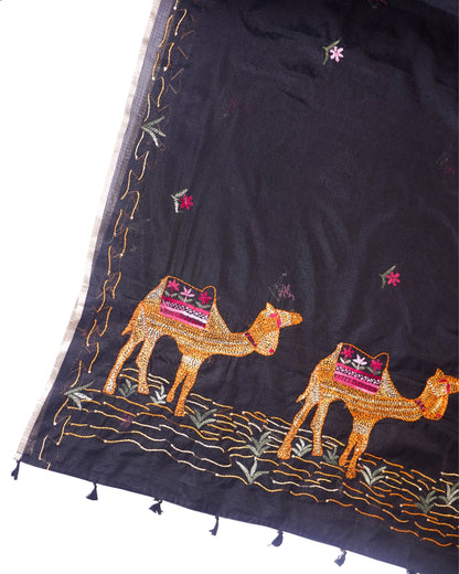 "Utsav Banaras 343" Banarasi Black Munga Silk Saree With Multicolored Camel Applique Embroidery