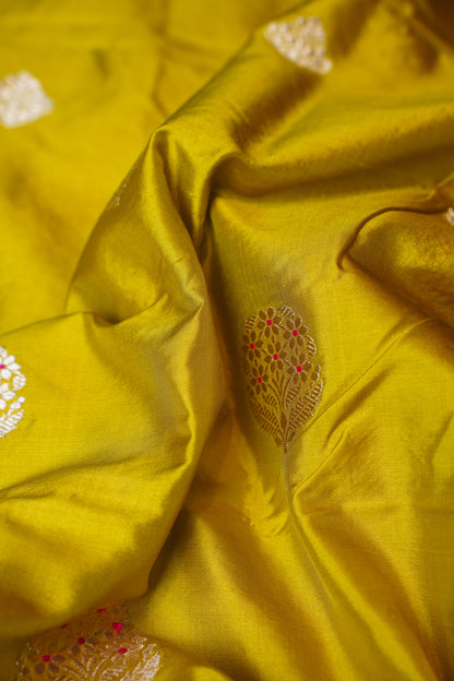 Lemon Yellow Pure Kadwa Banarasi Unstitched Suit Set