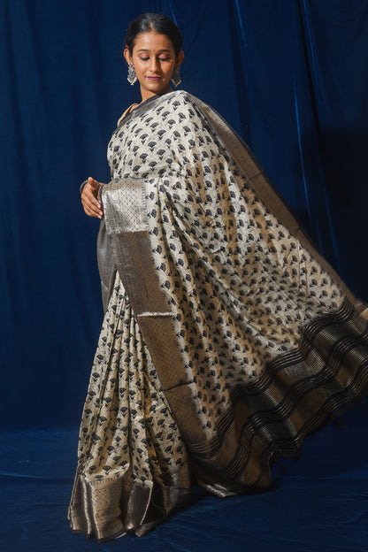 White Natural Moonga Georgette Saree with Handloom Border