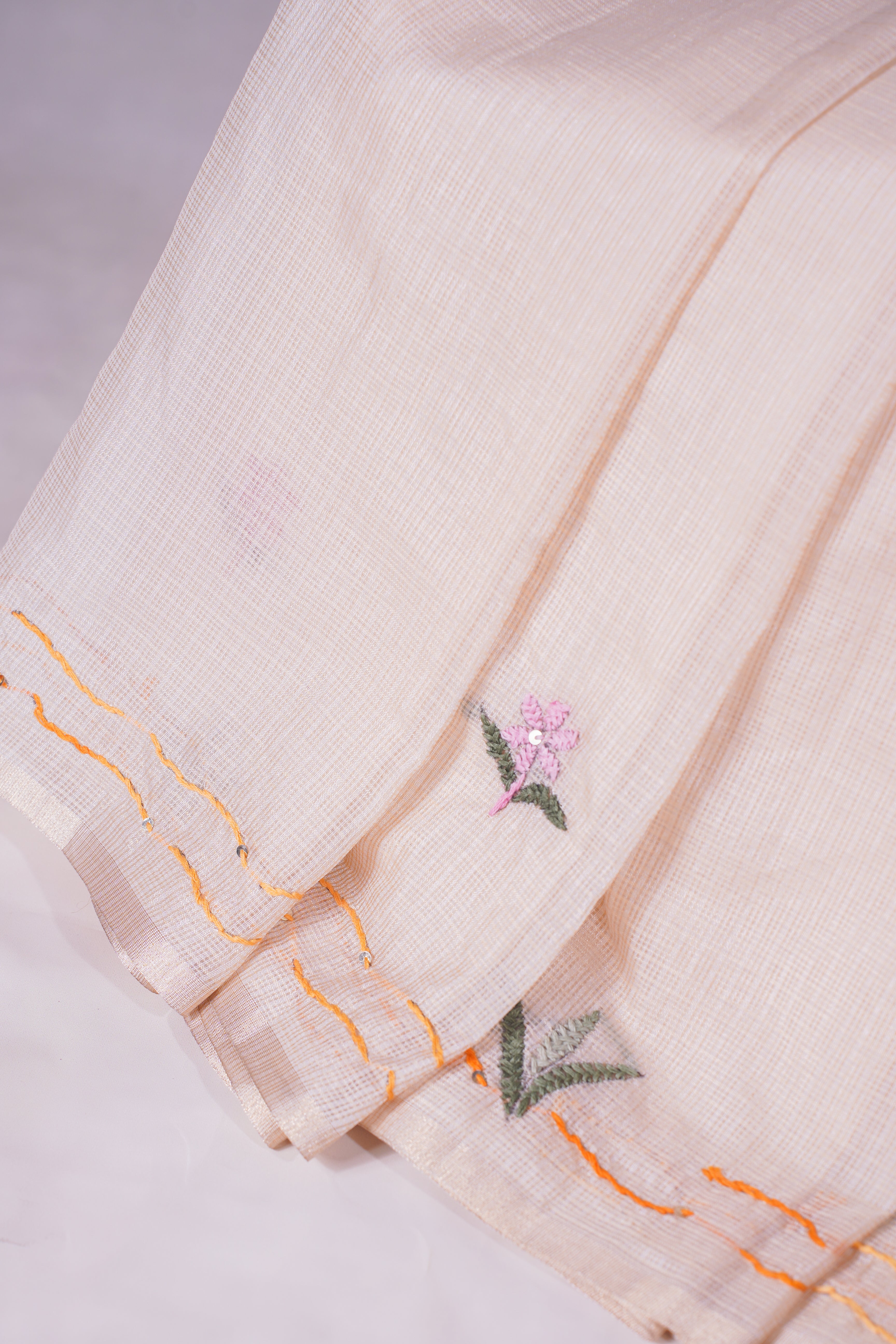 "UTSAV BANARAS 341" Banarasi Cream Munga Silk Saree With Multicolored Camel Applique Embroidery