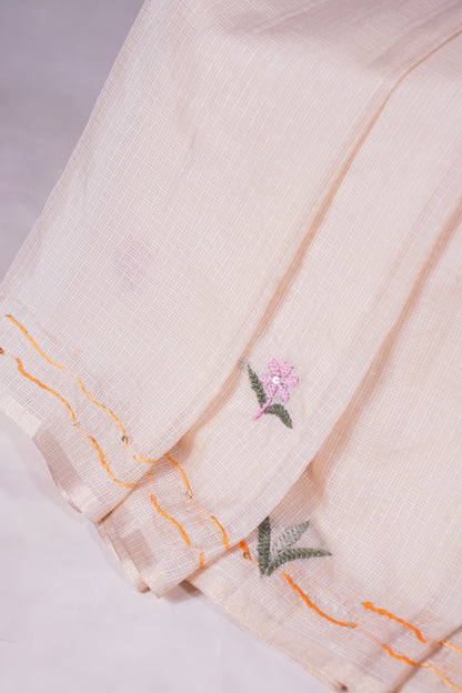 "UTSAV BANARAS 341" Banarasi Cream Munga Silk Saree With Multicolored Camel Applique Embroidery