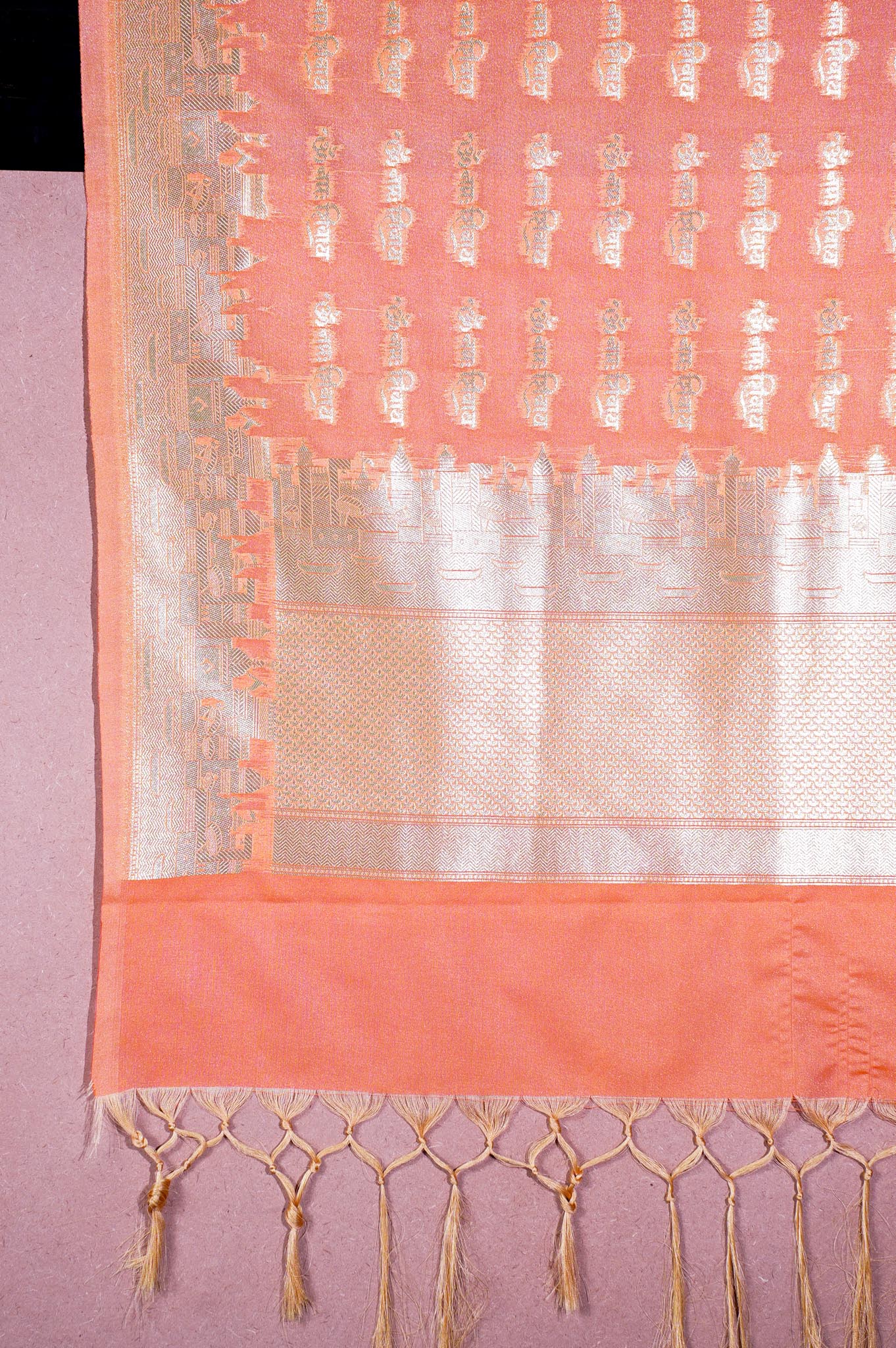 "MCD 020" Banarasi Peach Silk Dupatta with Silver Zari &