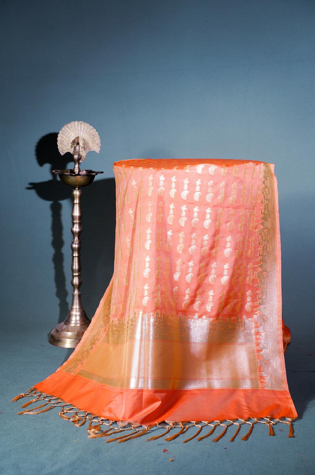 "MCD 020" Banarasi Peach Silk Dupatta with Silver Zari &