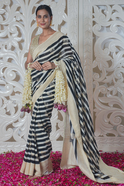 Black and White Stripe Pattern Banarasi Silk Saree