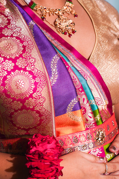 "Waah Banaras 100" Banarasi Chaarbagh Rangkaat Satan Silk Saree 100% Pure Vegan