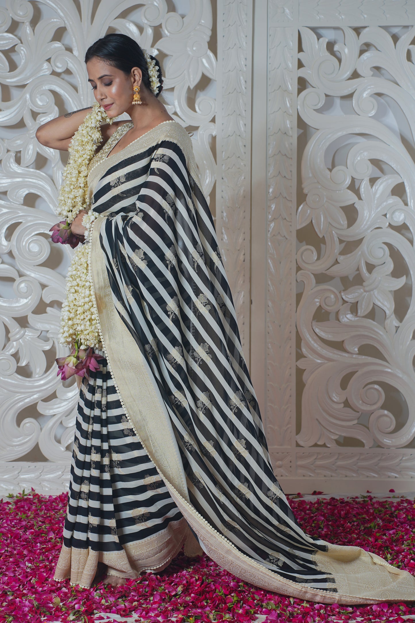 Black and White Stripe Pattern Banarasi Silk Saree