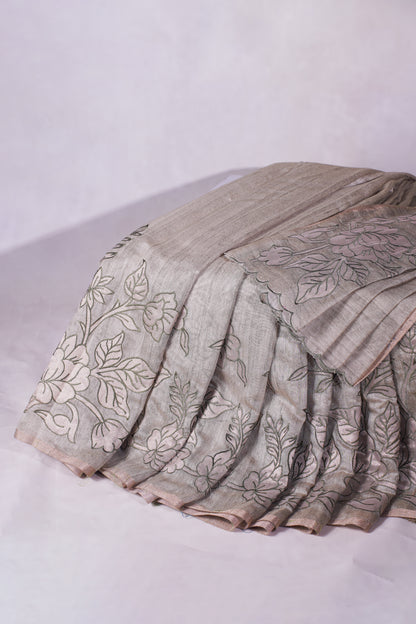 "WAAH BANARAS 019" Banarasi Taupe Beige Linen Silk Saree With Pencil Sketch Floral Embroidery