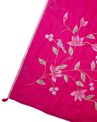 "UTSAV BANARAS 337" Banarasi Vibrant Rani Red Munga Silk Saree with Floral Applique Work