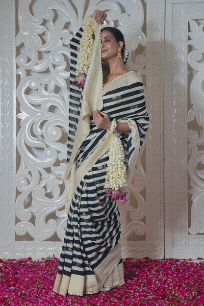 Black and White Stripe Pattern Banarasi Silk Saree