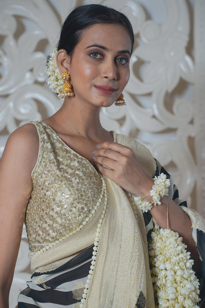 Black and White Stripe Pattern Banarasi Silk Saree