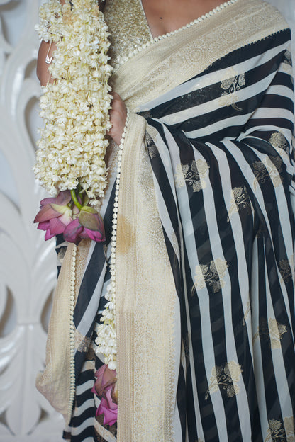 Black and White Stripe Pattern Banarasi Silk Saree