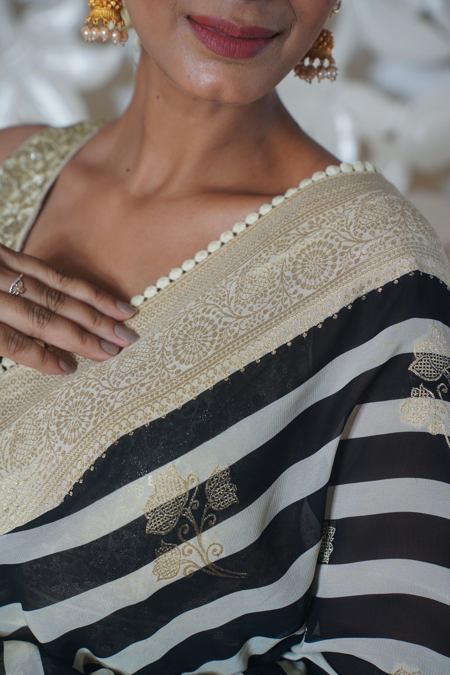 Black and White Stripe Pattern Banarasi Silk Saree