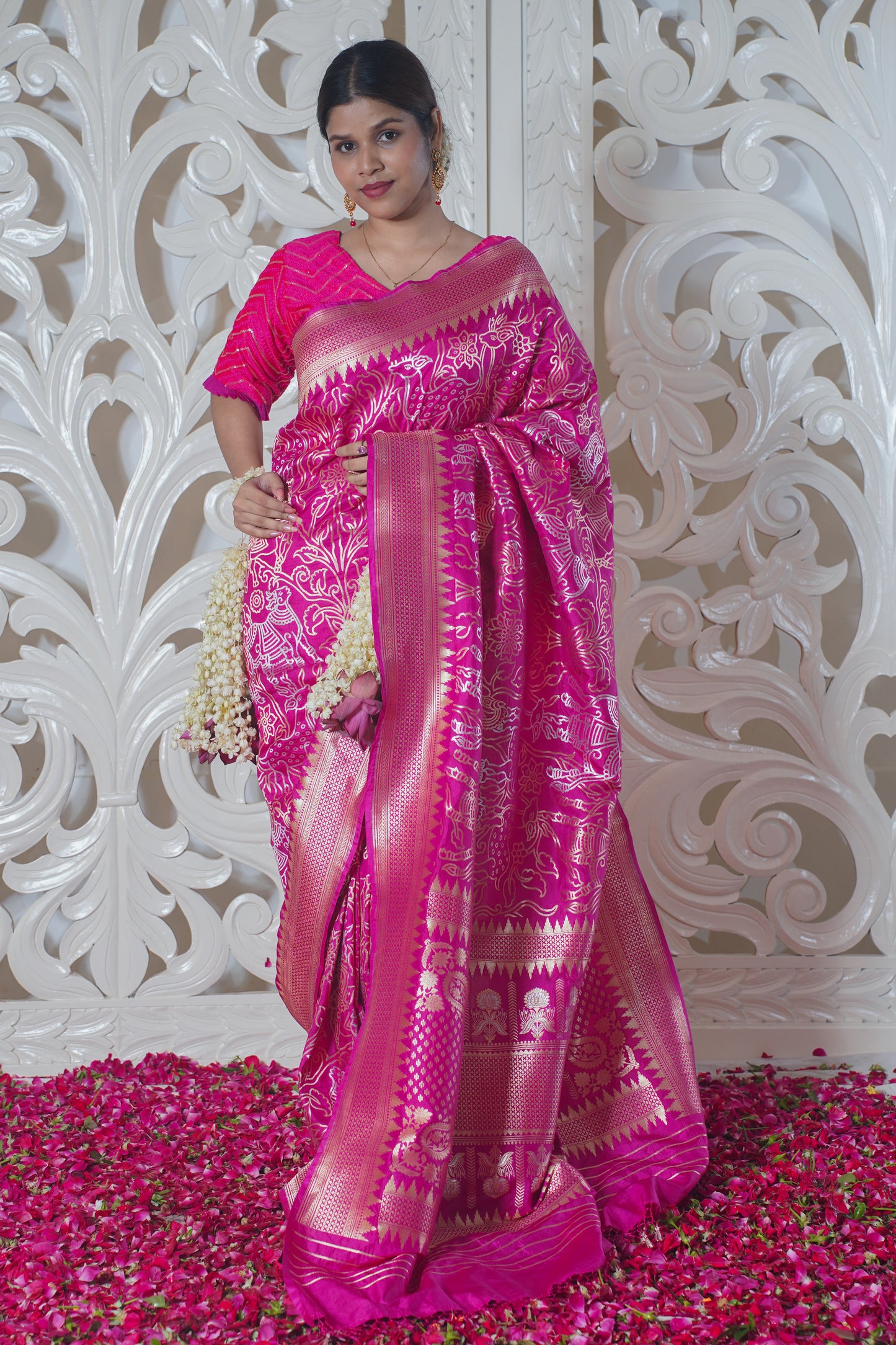 Pink Pure Banarasi Silk Saree with jaal work