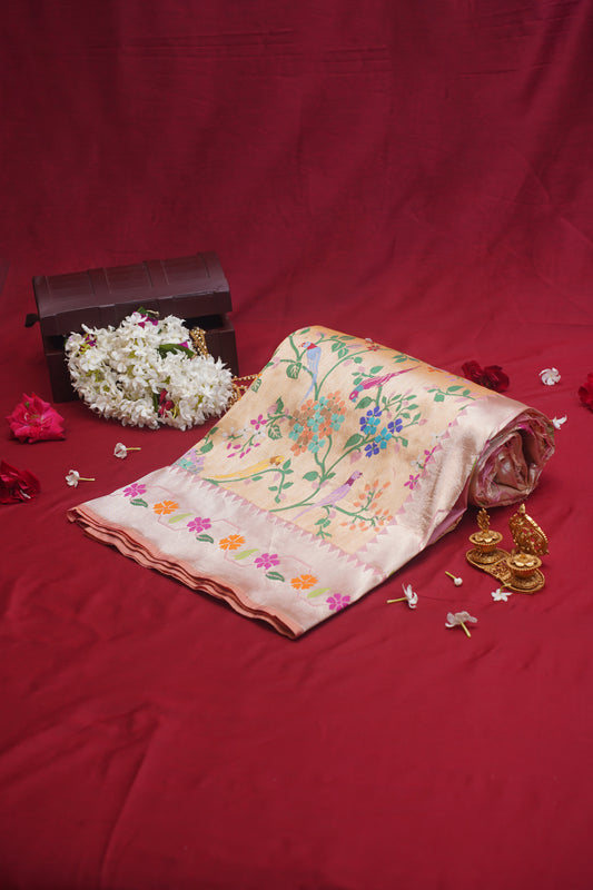 Peach Pure Kadwa Paithani Banarasi Handloom Saree