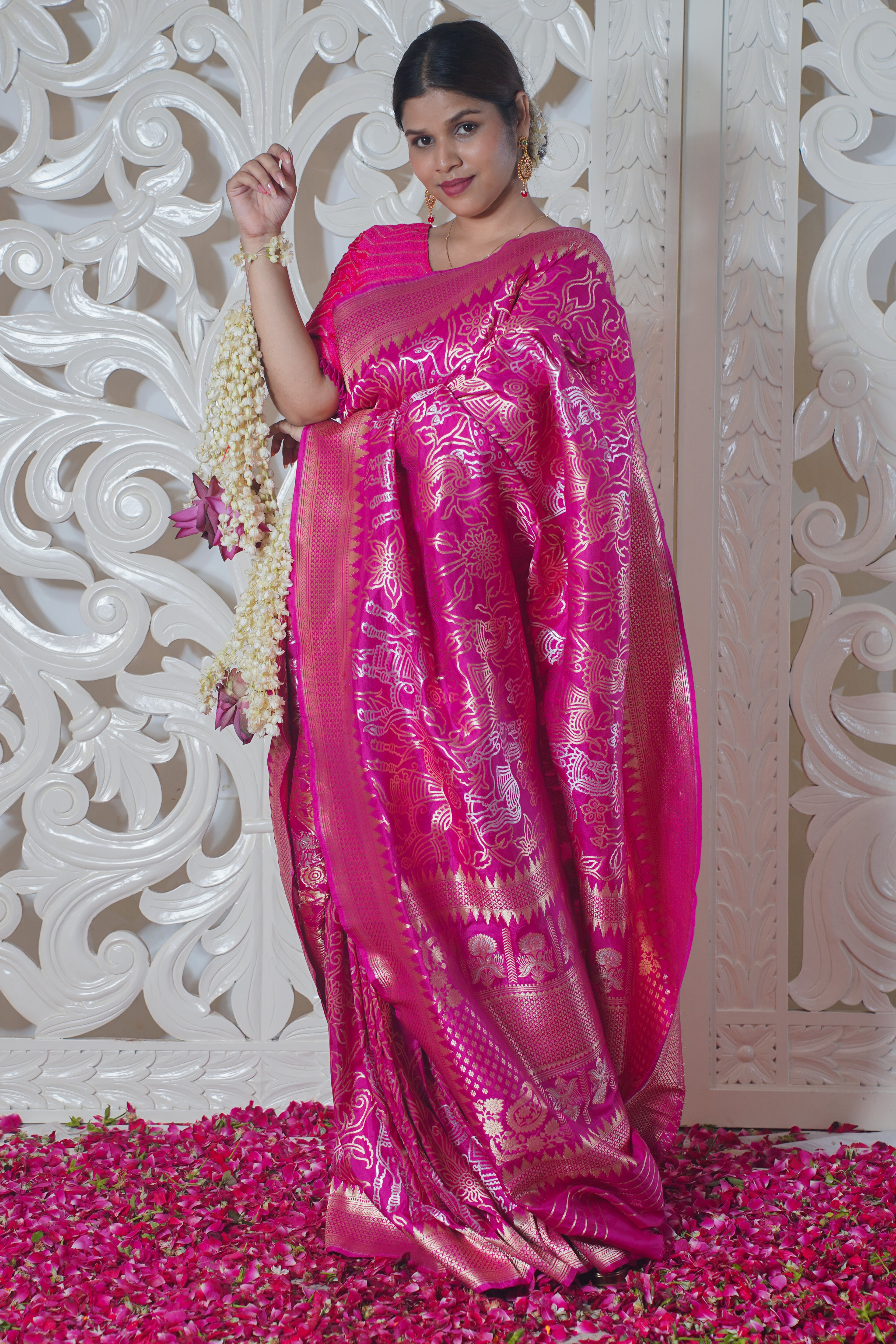 "Virasat 139" Pink Pure Banarasi Silk Saree With Jaal Work