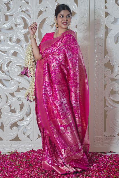 Pink Pure Banarasi Silk Saree with jaal work