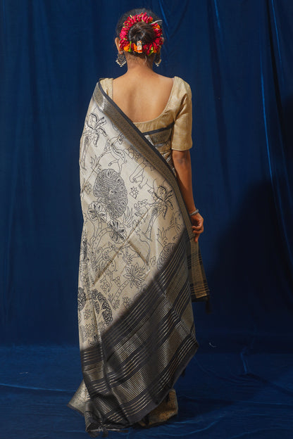 White Natural Moonga Georgette Saree with Handloom Border