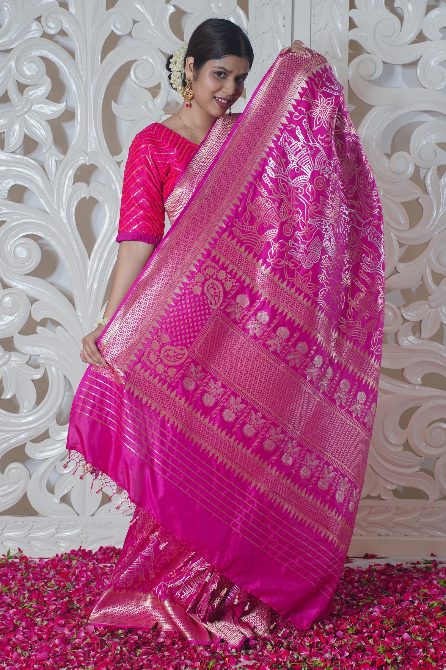"Virasat 139" Pink Pure Banarasi Silk Saree With Jaal Work