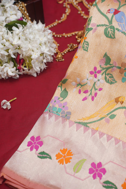 Peach Pure Kadwa Paithani Banarasi Handloom Saree