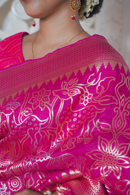 Pink Pure Banarasi Silk Saree with jaal work