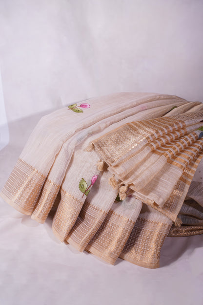 "WAAH BANARAS 119" Banarasi Cream Linen Silk Saree with Pink Bird Resham Embroidery &amp; Golden Zari Border