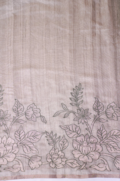 "WAAH BANARAS 019" Banarasi Taupe Beige Linen Silk Saree With Pencil Sketch Floral Embroidery