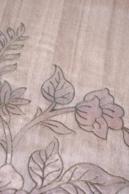 "WAAH BANARAS 019" Banarasi Taupe Beige Linen Silk Saree With Pencil Sketch Floral Embroidery