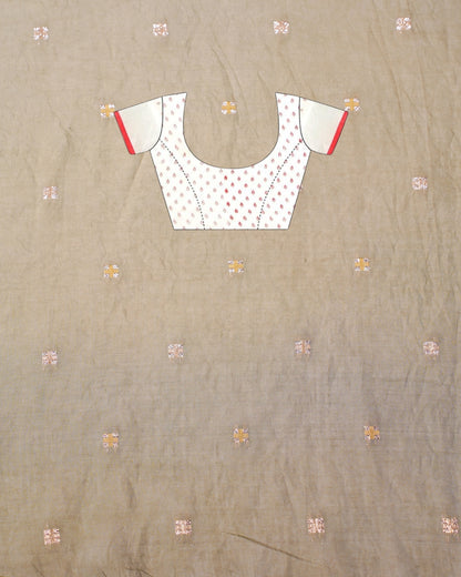 "WAAH BANARAS 019" Banarasi Taupe Beige Linen Silk Saree With Pencil Sketch Floral Embroidery