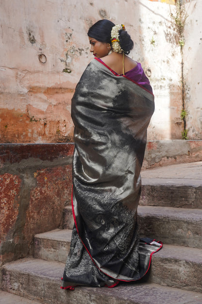 Black Pure Banarasi Silk Saree With Digital Weaving