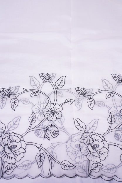 "UTSAV BANARAS 342" Banarasi Elegant White Applique Munga Silk Saree With Black Sketch Floral Embroidery &amp; Scalloped Cutwork Border