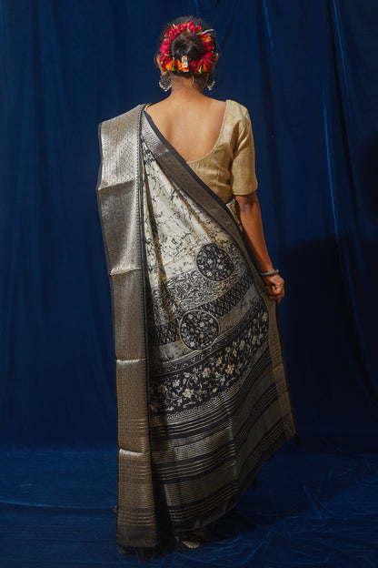 White Natural Moonga Georgette Saree with Handloom Border