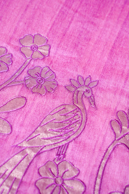 "WAAH BANARAS 120" Banarasi Magenta Pink Linen Silk Saree With Pencil Sketch Peacock Embroidery