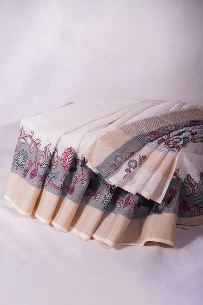 "UTSAV BANARAS 357" Banarasi Cream Linen Silk Saree With Pink &amp; Red Floral Applique Border