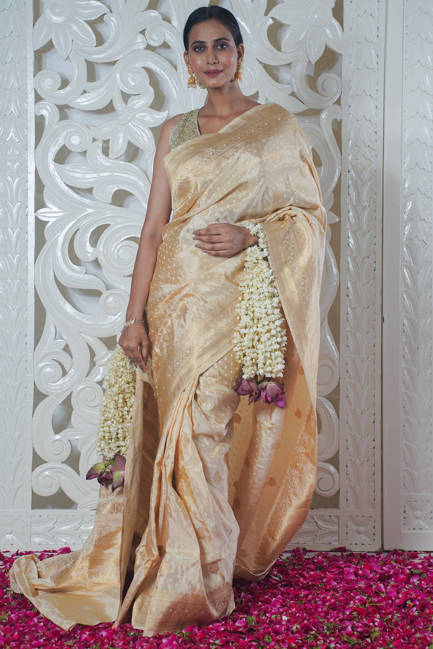 Golden Pure Banarasi Silk Saree with allover booti work