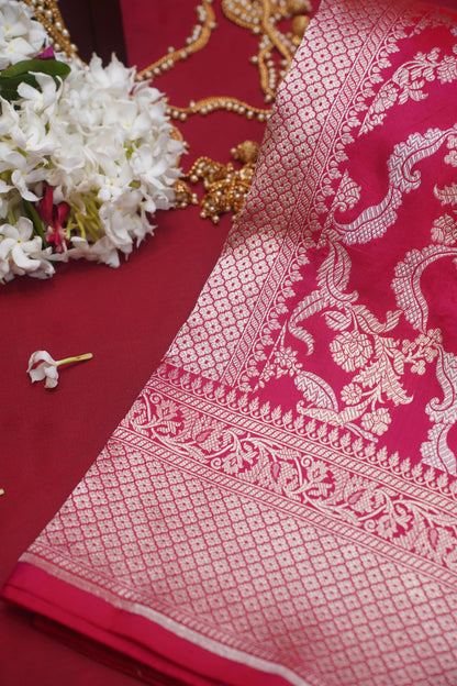 Dark Pink Pure Kadwa Jaal Banarasi Handloom Saree