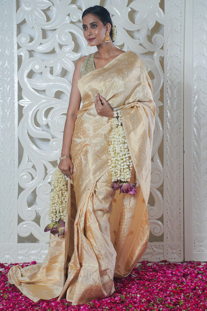 Golden Pure Banarasi Silk Saree with allover booti work