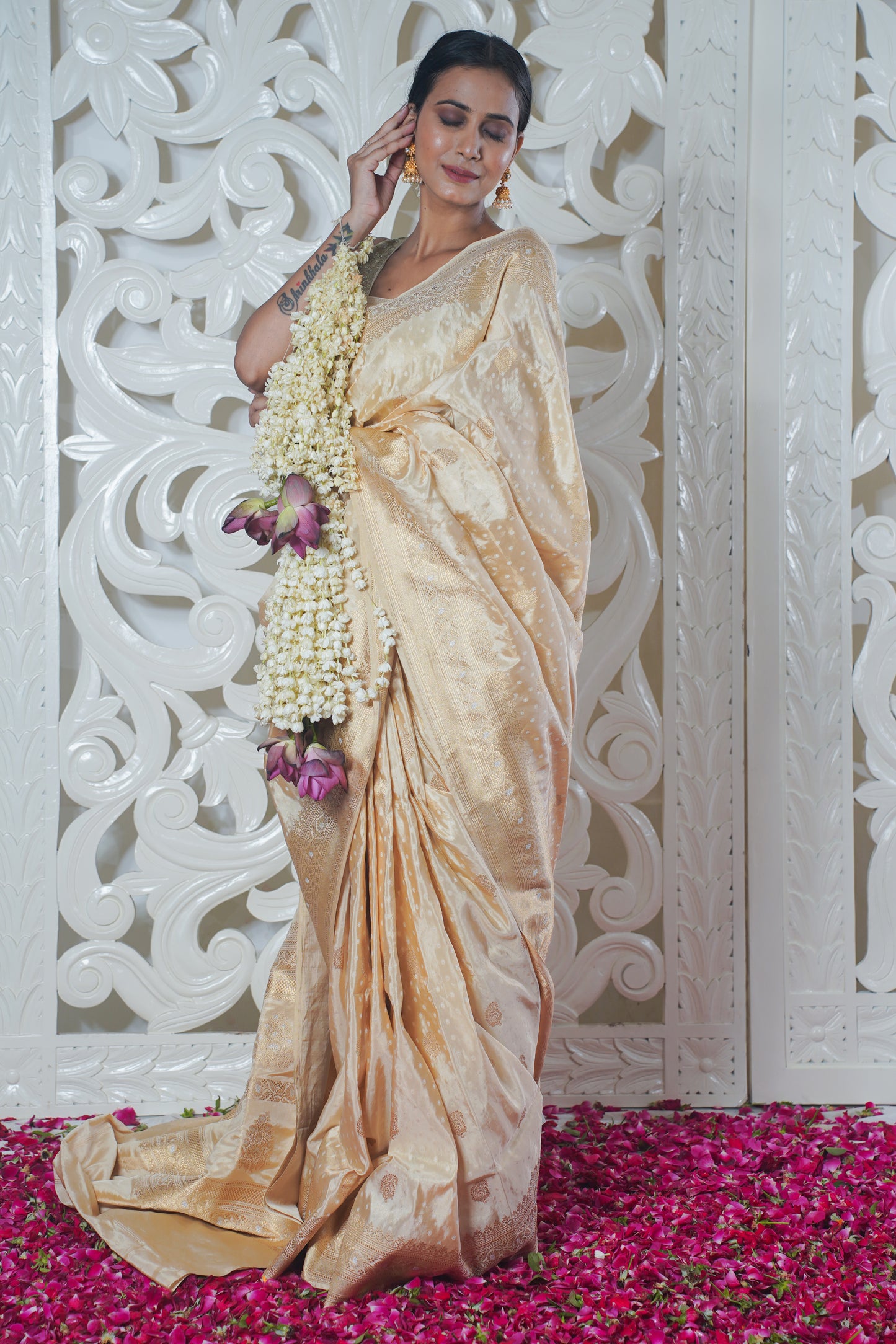 Golden Pure Banarasi Silk Saree with allover booti work